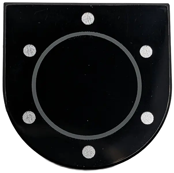 Black Tile, Round 2 x 2 Half Circle Extended with Dark Bluish Gray Circle and Silver Dots Pattern