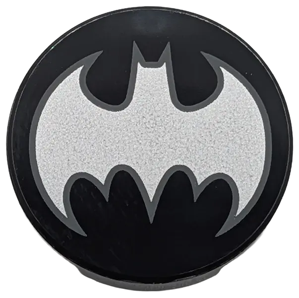 Black Tile, Round 2 x 2 with Bottom Stud Holder with Silver Bat Batman Logo with Dark Bluish Gray Ou