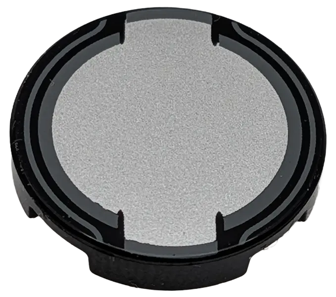 Black Tile, Round 2 x 2 with Bottom Stud Holder with Silver Fuel Filler Cap with Dark Bluish Gray Ed