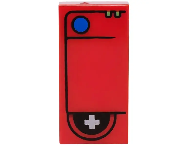 Red Tile 1 x 2 with Blue Button, Lime Lights and Light Bluish Gray Directional Pad on Black Half Cir