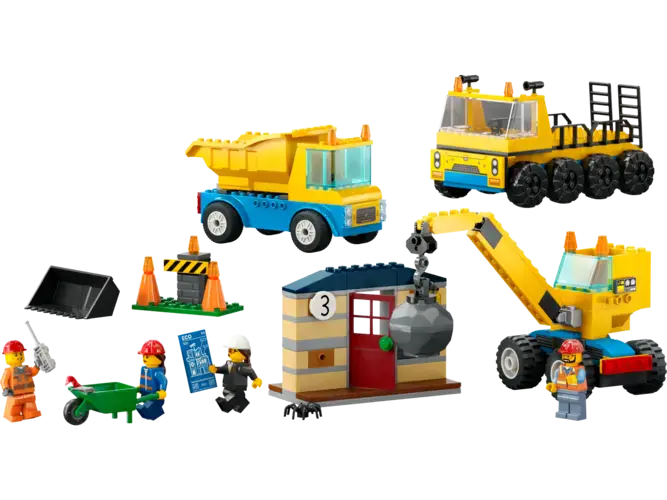 Construction Trucks and Wrecking Ball Crane